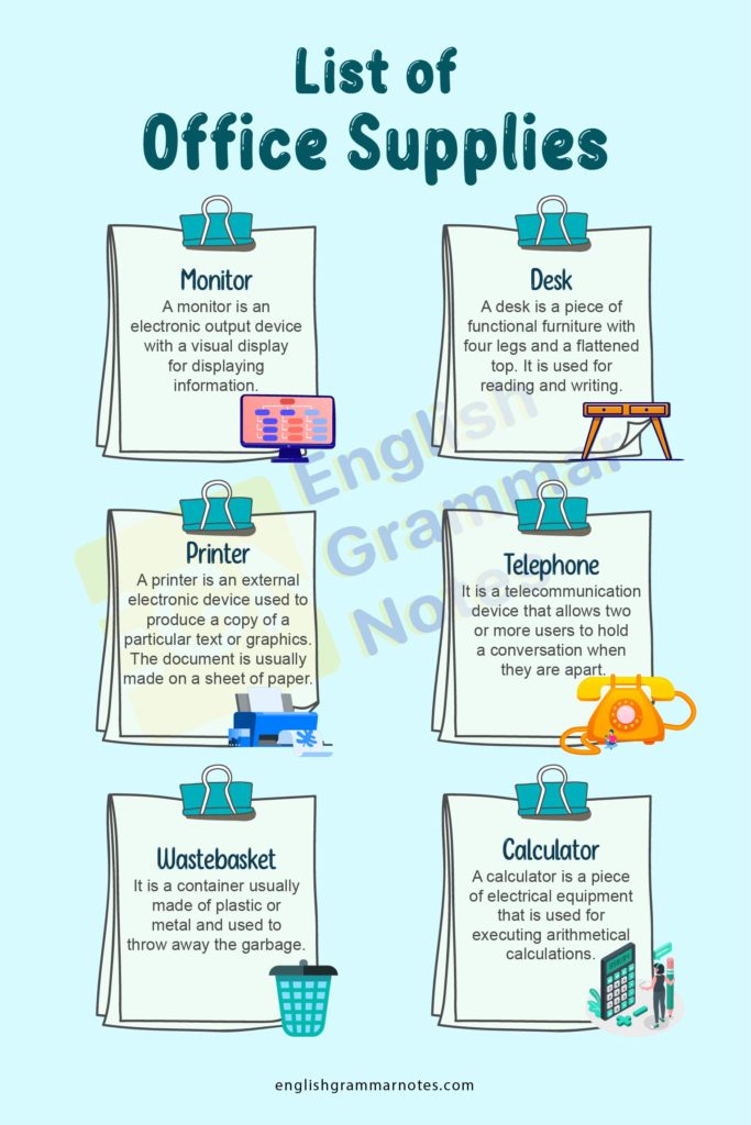 Stationery and Office Supplies Vocabulary List of Office Supplies